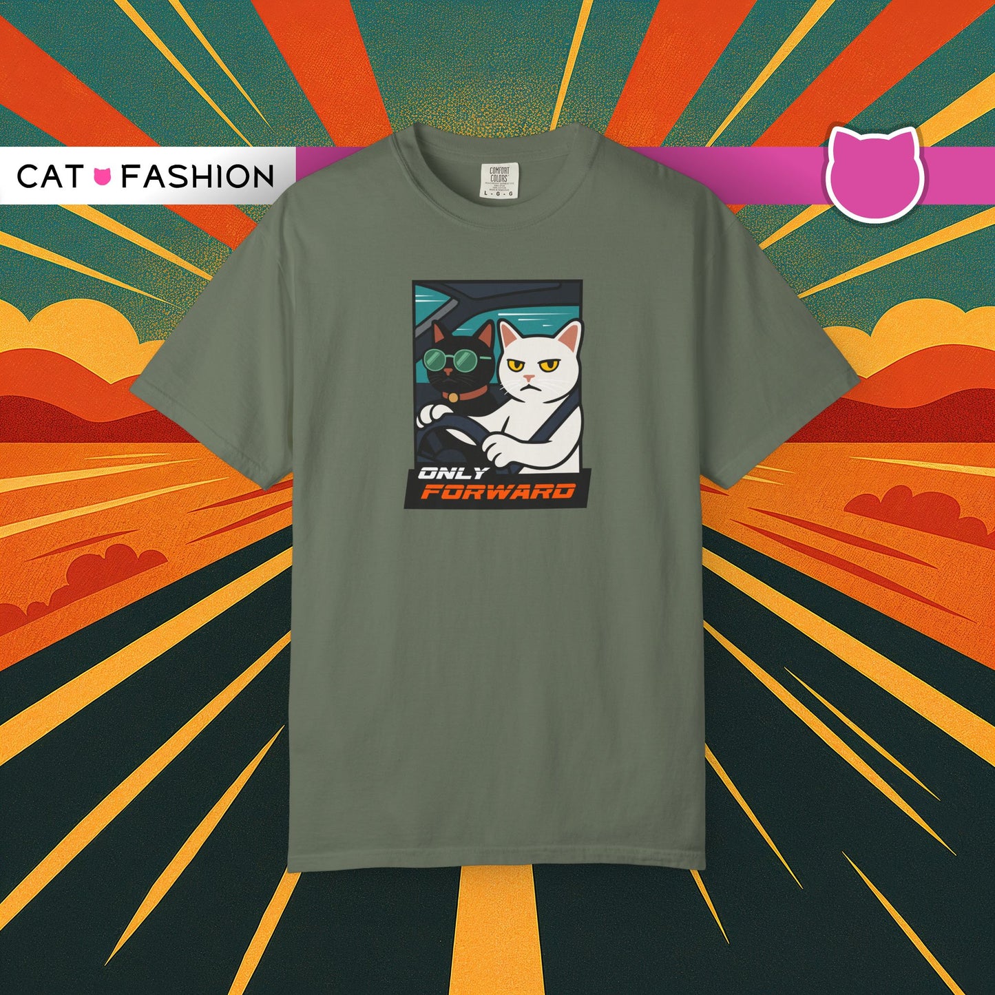T-Shirt: Only Forward – Funny Cats Driving Graphic Tee – Cool Meme Shirt for Road Trip Fans
