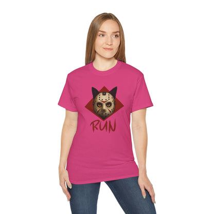 T-Shirt: RUN – Creepy Cat Horror Mask Graphic Tee – Halloween Scary Unisex Shirt for Spooky Season