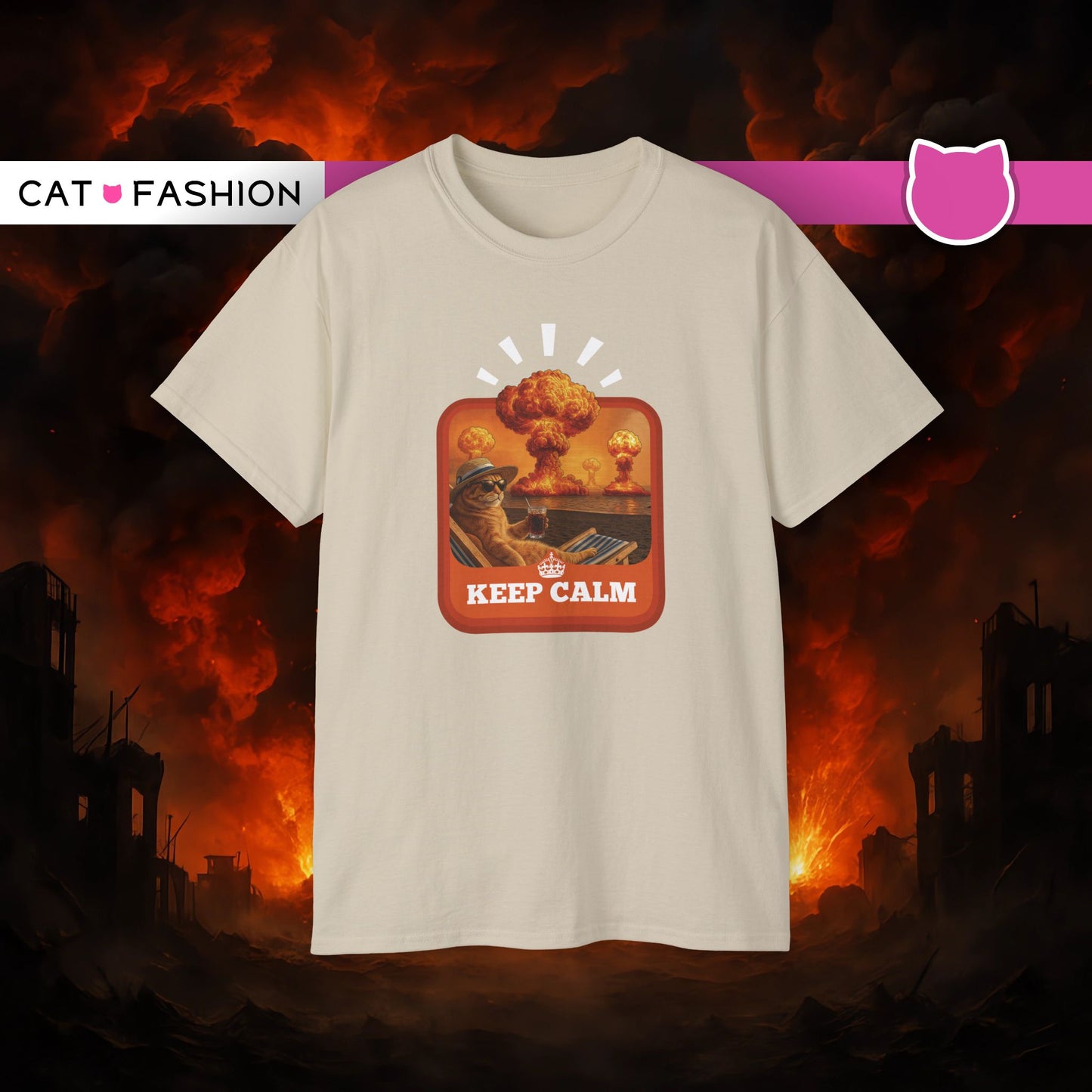 T-Shirt: Keep Calm – Surreal Cat in Chaos Artwork – Funny Apocalypse Parody for Dark Humor Fans