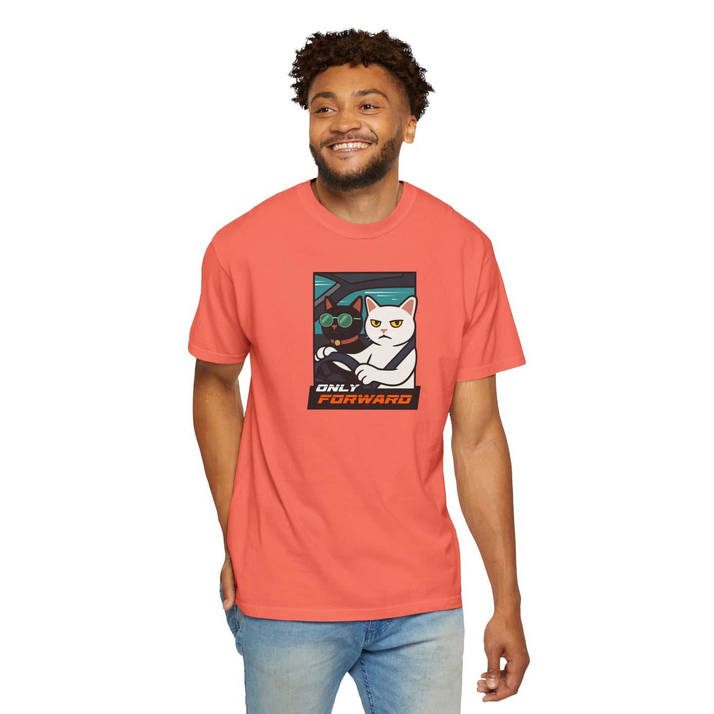 T-Shirt: Only Forward – Funny Cats Driving Graphic Tee – Cool Meme Shirt for Road Trip Fans