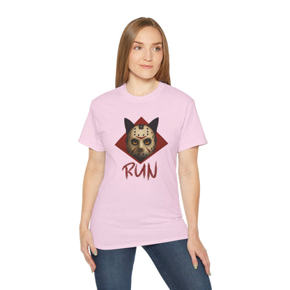 T-Shirt: RUN – Creepy Cat Horror Mask Graphic Tee – Halloween Scary Unisex Shirt for Spooky Season