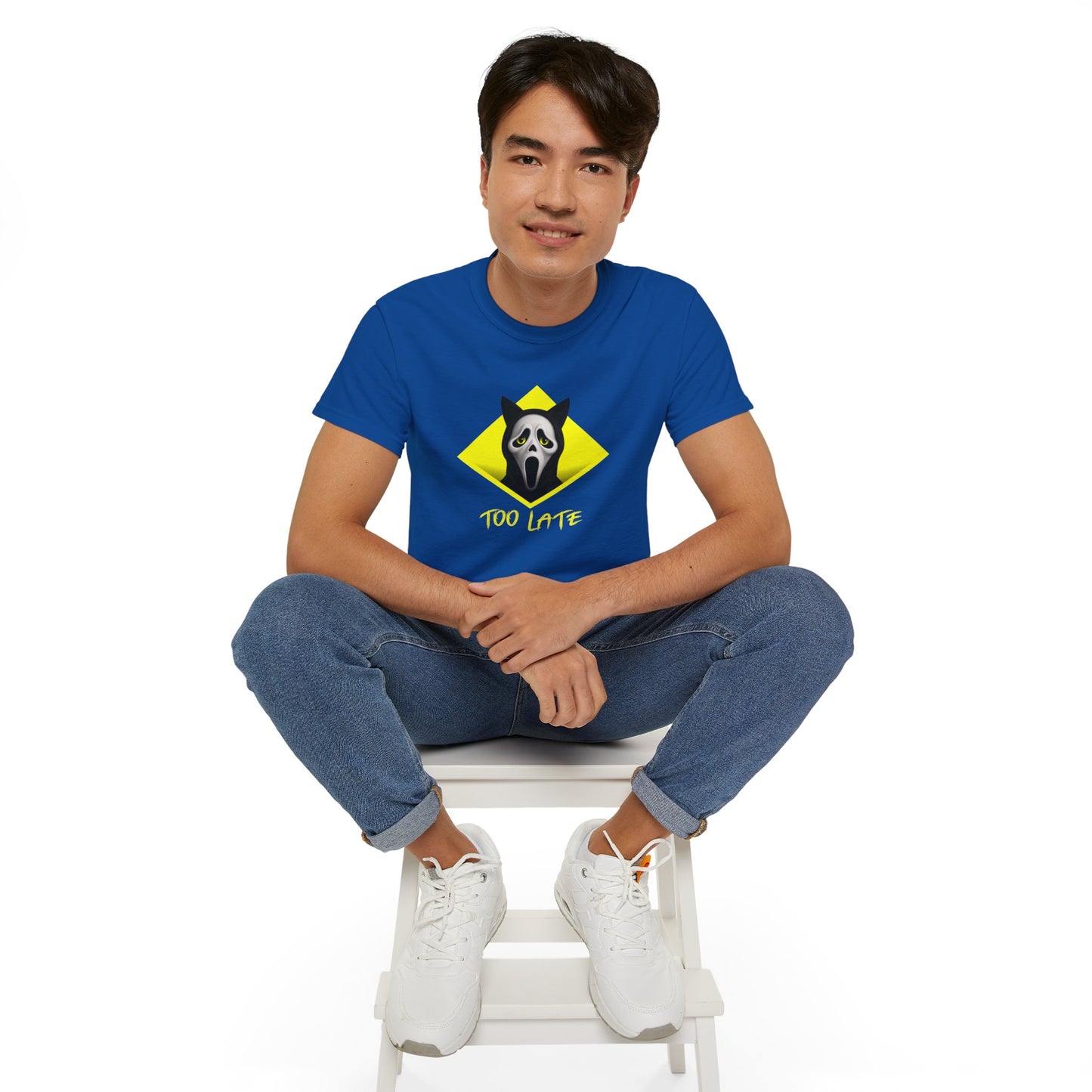 T-Shirt: Too Late – Scream Cat Ghost Mask Graphic Tee – Halloween Unisex Shirt for Spooky Season & Creepy Vibes